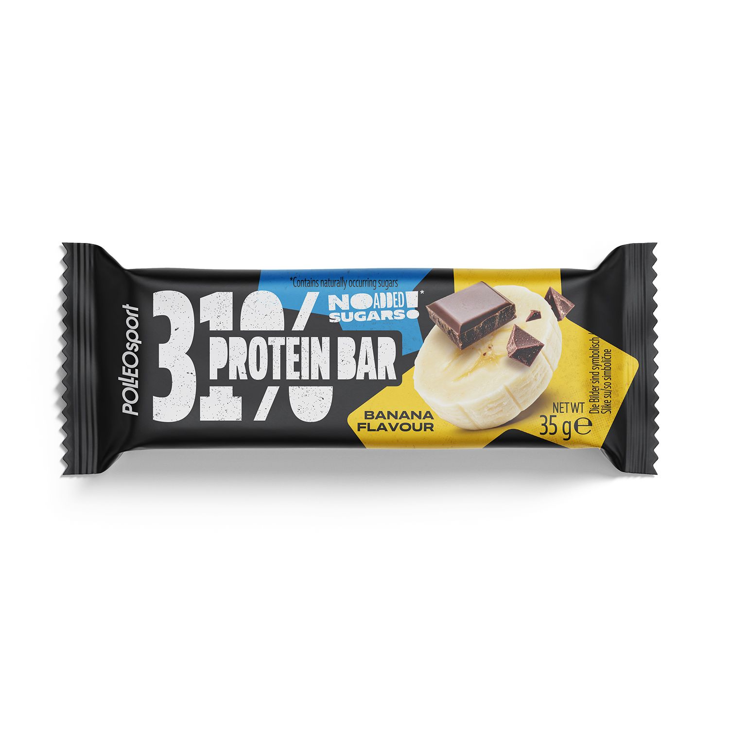 Eiwitreep met bananensmaak. Zwarte verpakking met opdruk. Bevat stukjes chocolade en plakje banaan. Nettogewicht 35g.