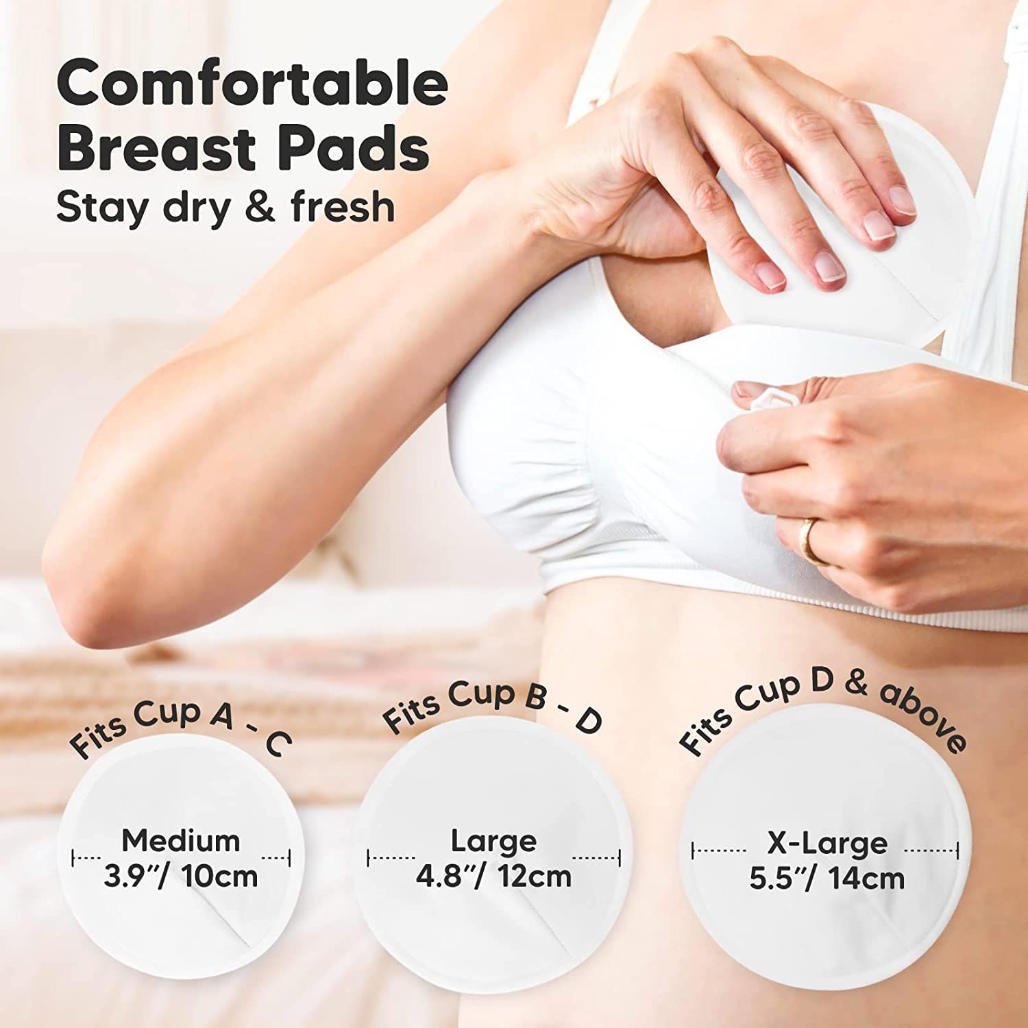 Drie maten zoogcompressen. Medium: 3,9"/10cm, Large: 4,8"/12cm, X-Large: 5,5"/14cm. Opschrift: Fits Cup A-C, B-D, D & above.