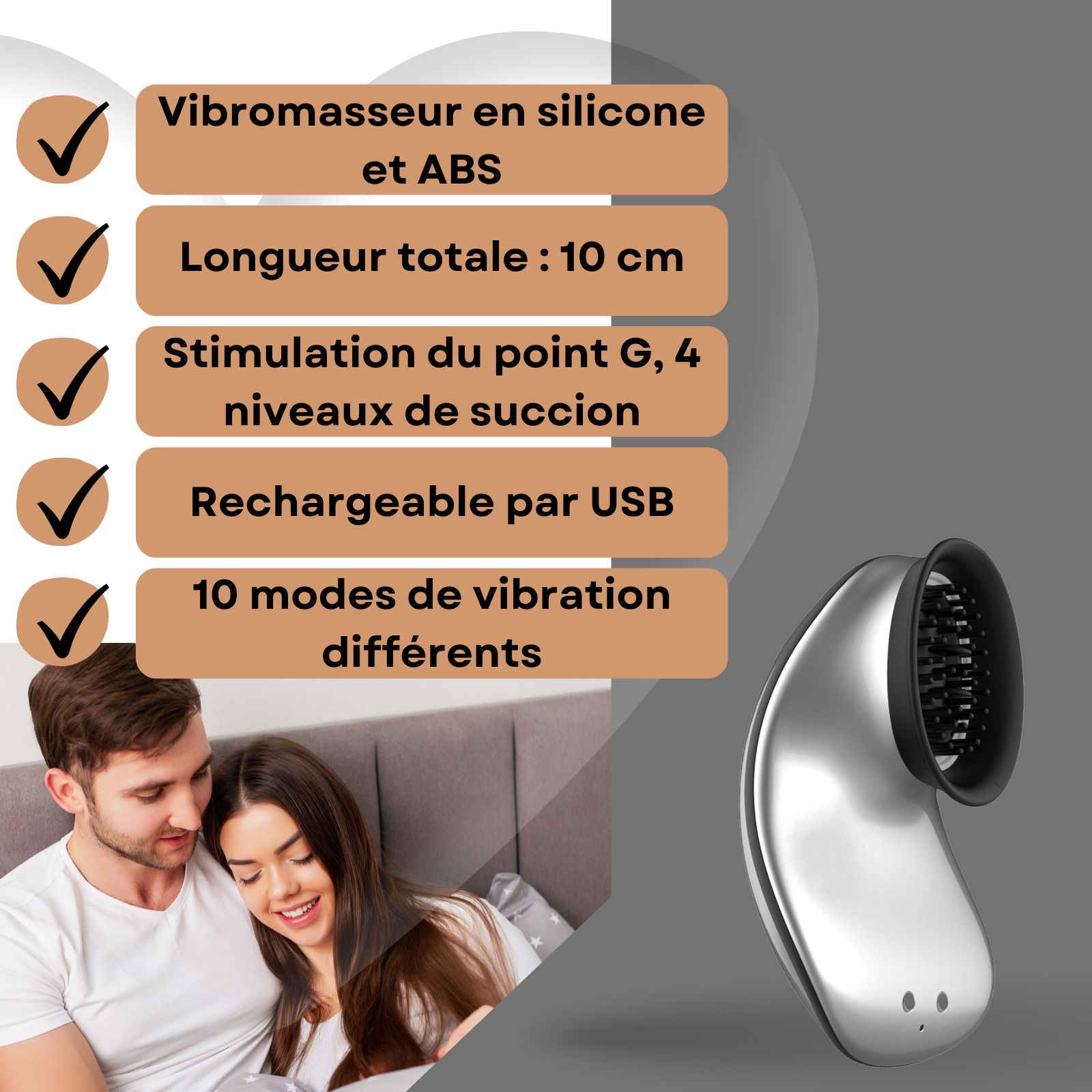 Vibrateur silicone/ABS, 18cm, forte aspiration, avec comparaison de taille.