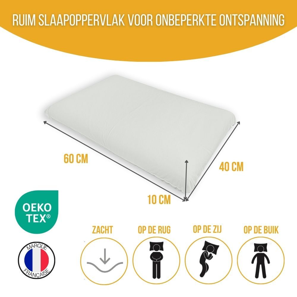 Wit kussen met afmetingen 60x40x10 cm. Oeko-Tex certificering. Symbolen voor slaapposities.