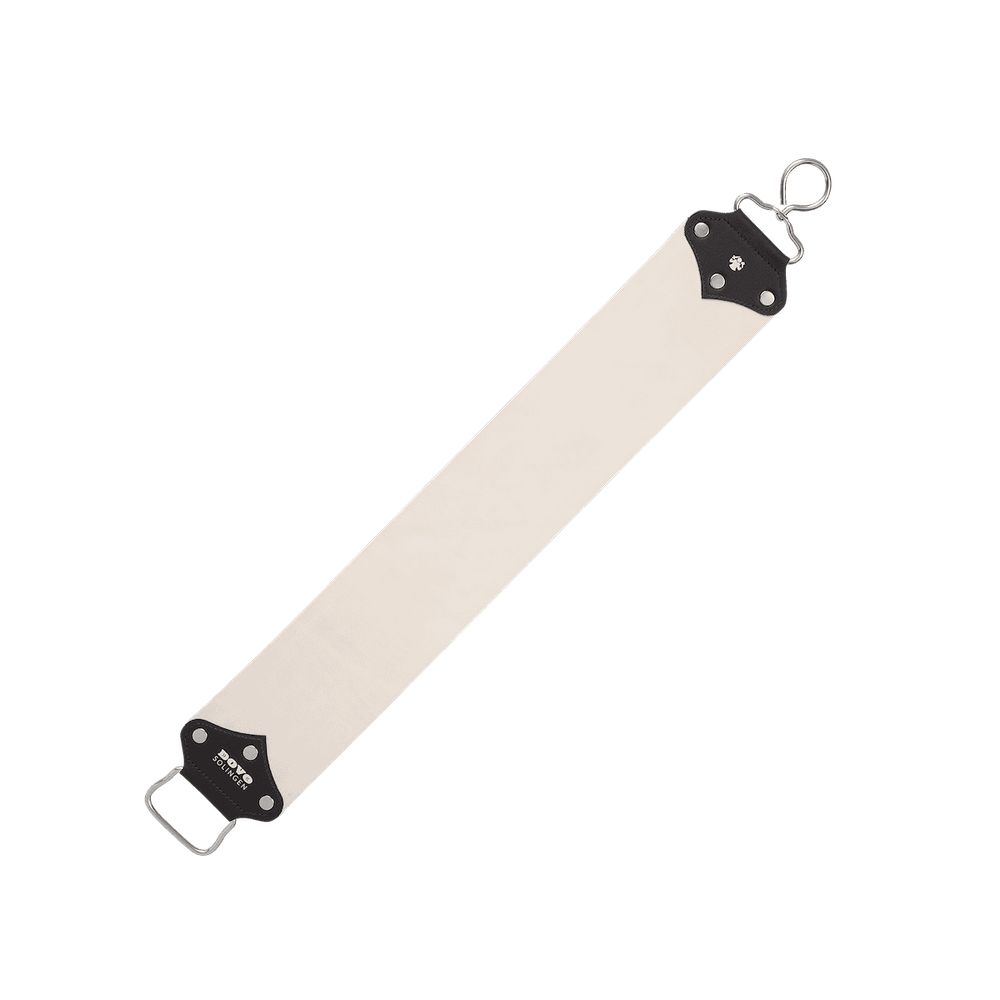 Leren riem met metalen ringen en zwarte uiteinden. DOVO-logo zichtbaar. Licht leer, diagonale oriëntatie.