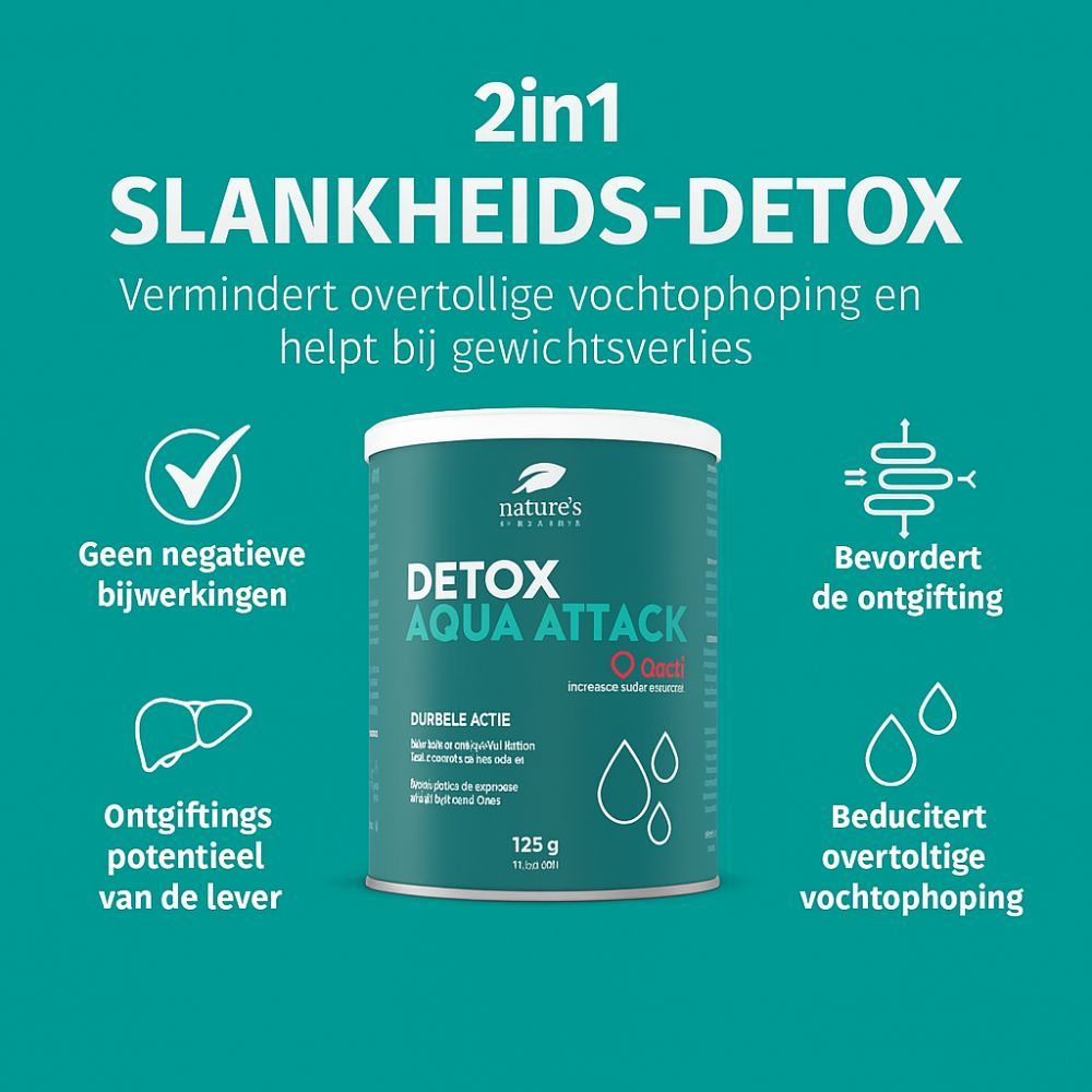 Pot Detox Aqua Attack, 125g. Tekst: 2in1 Slankheids-Detox. Vermindert vochtophoping en helpt bij gewichtsverlies.