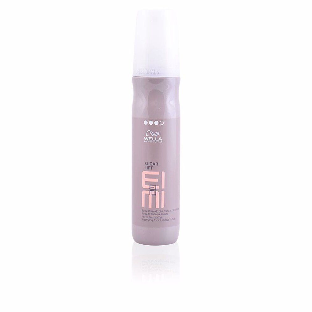 Flacon de spray capillaire avec bouchon blanc. Inscription : Wella Eimi Sugar Lift. Couleurs rose et gris.