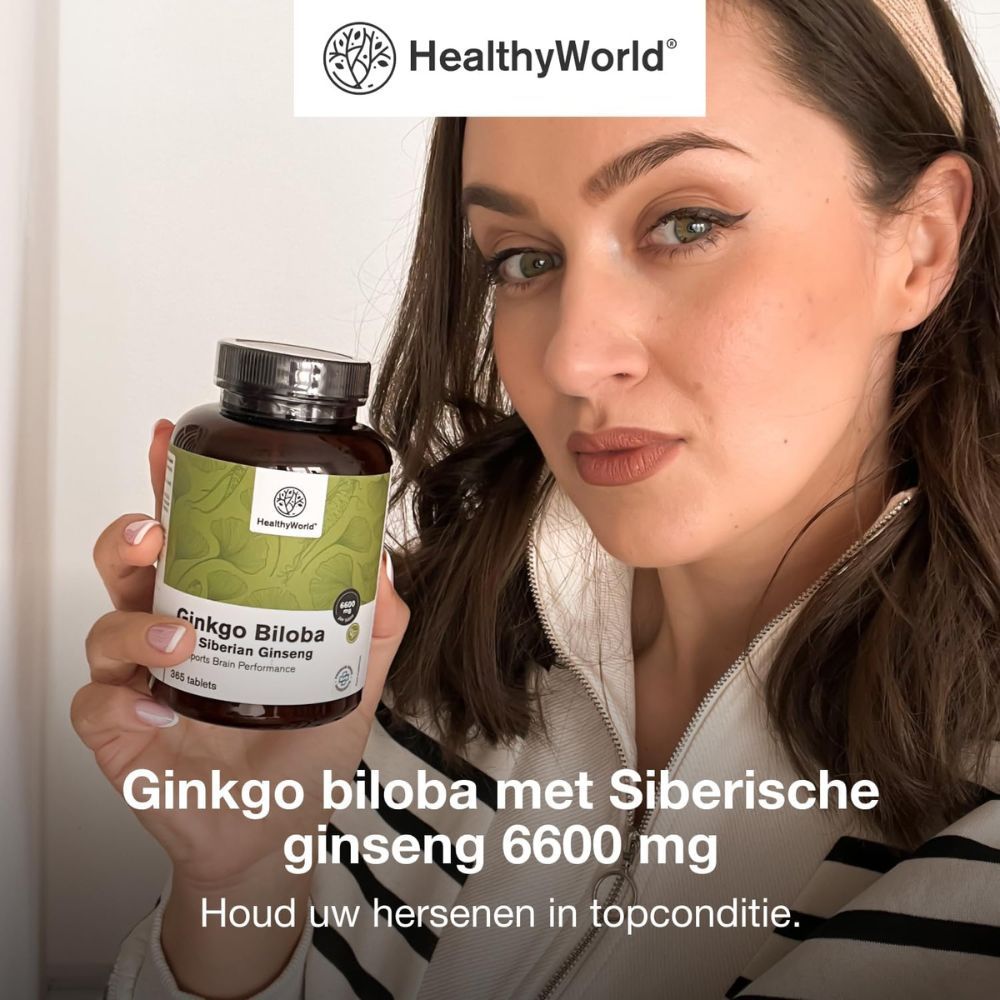Man met laptop en fles met tekst: Ginkgo biloba met Siberische ginseng 6600 mg. Merk: HealthyWorld. Met selectievakjes.