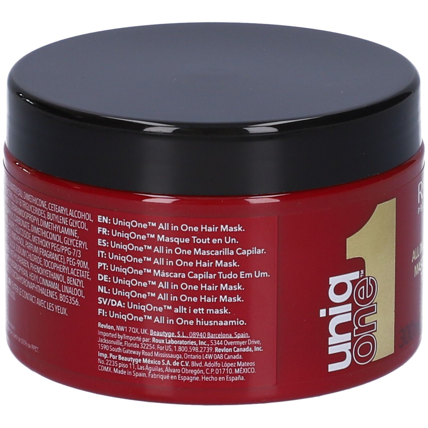 Pot rouge avec couvercle noir. Inscription: Revlon Uniq One All in One Hair Mask. Texte au dos.
