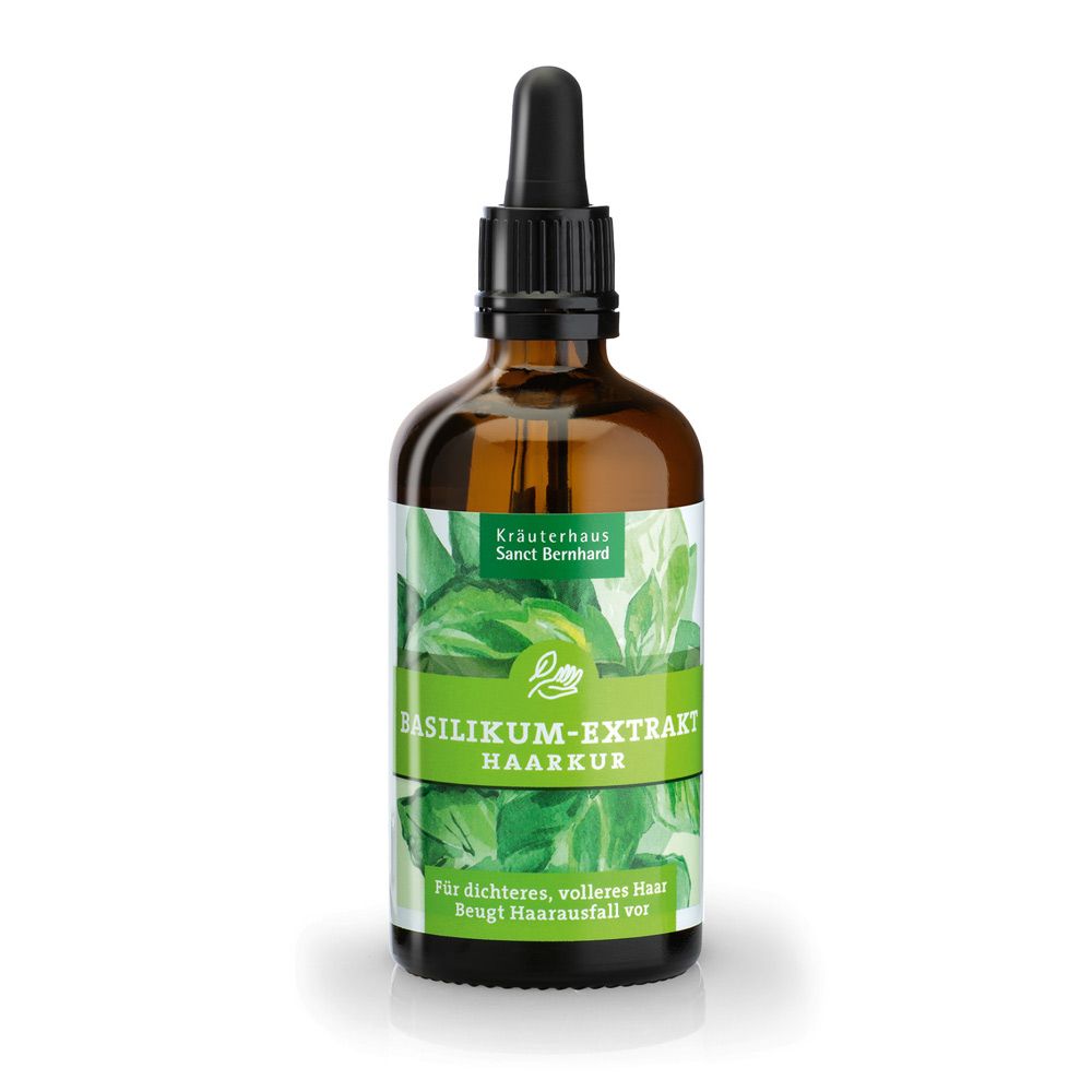 Flacon en verre brun avec étiquette verte. Cure de cheveux à l'extrait de basilic. Compte-gouttes.