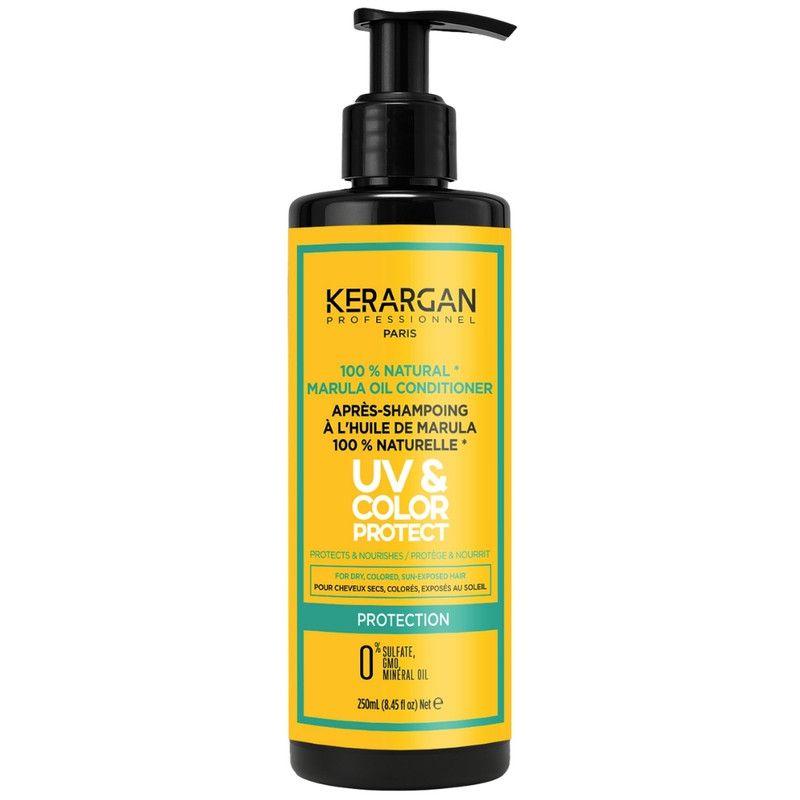 Flacon noir avec étiquette jaune. Texte: Kerargan, UV & Color Protect, Marula Oil Conditioner. Avec pompe doseuse.