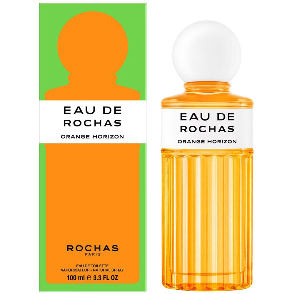 Eau de Rochas Orange Horizon. Fles en verpakking. Fles met witte dop, oranje inhoud. Groene verpakking met oranje silhouet.