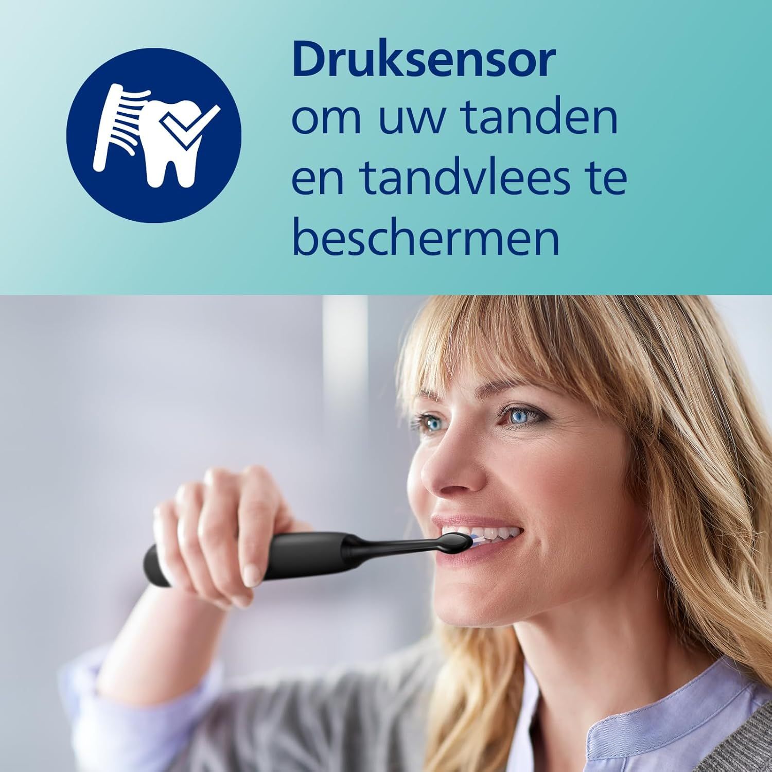 Zwarte elektrische tandenborstel met druksensor-icoon.