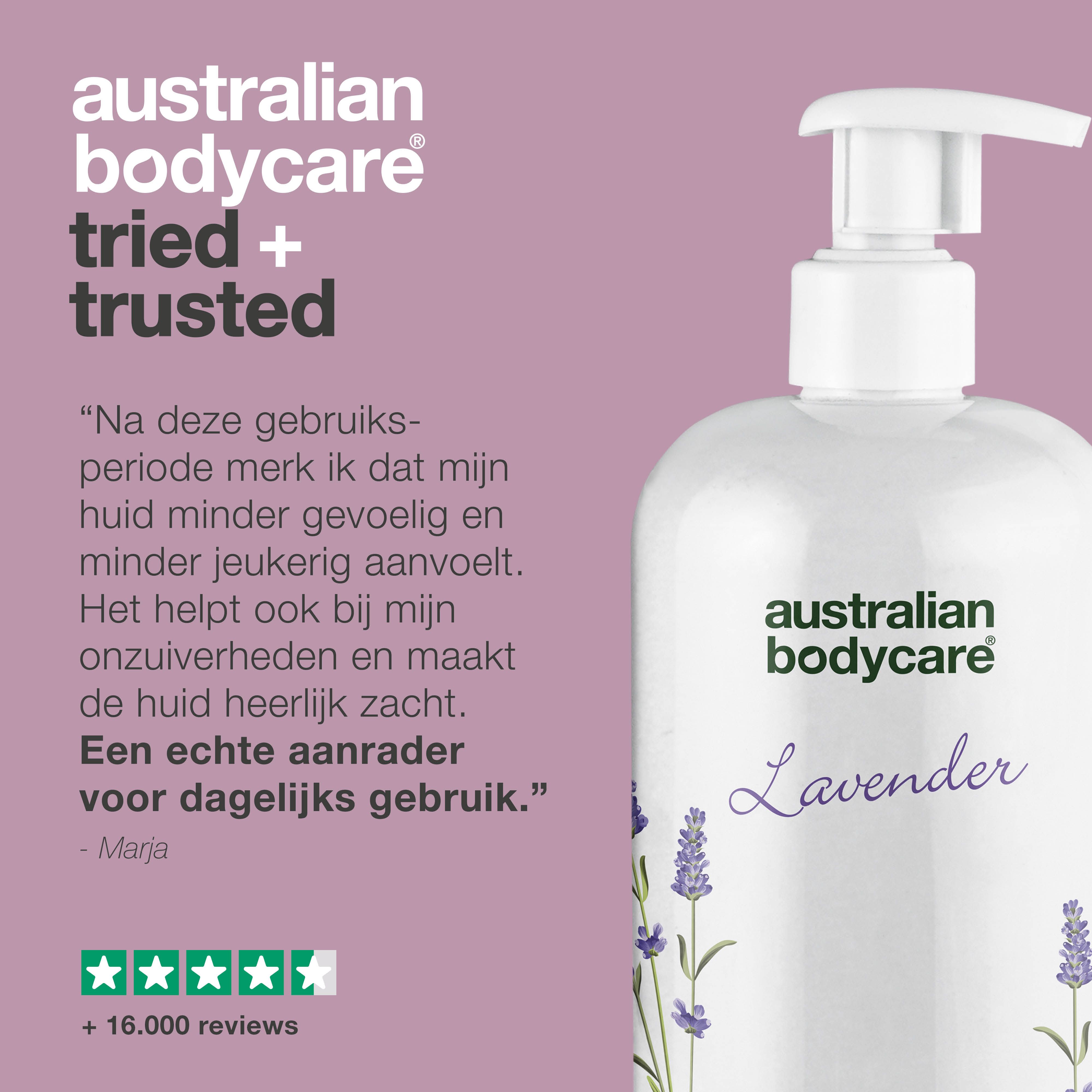 Productafbeelding: fles met pomp. Tekst: Australian Bodycare, Lavender, Tea Tree Oil Skin Wash.
