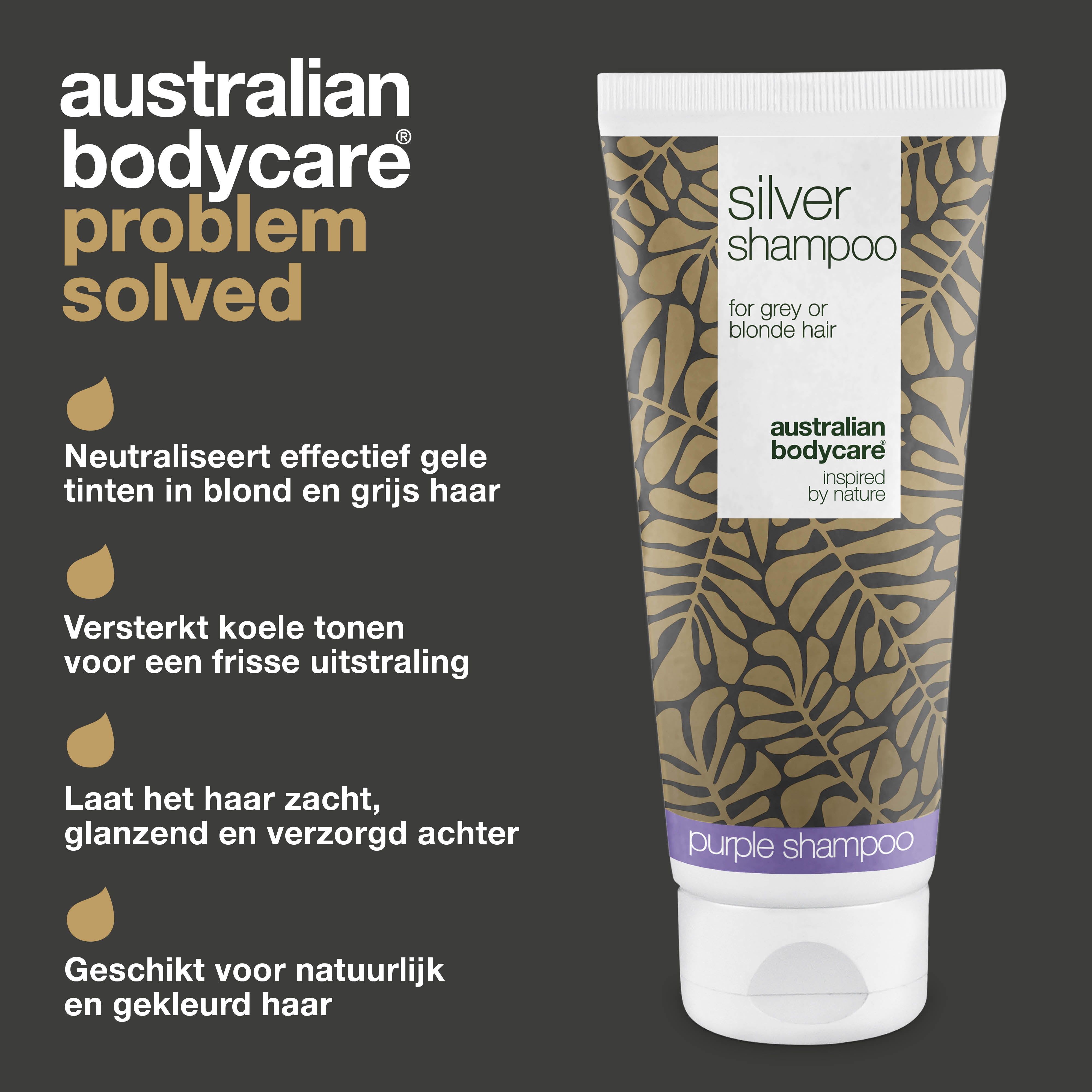 Tube shampoo en tekst: Australian Bodycare, probleem opgelost. Neutraliseert gele tinten. Voor blond en grijs haar.
