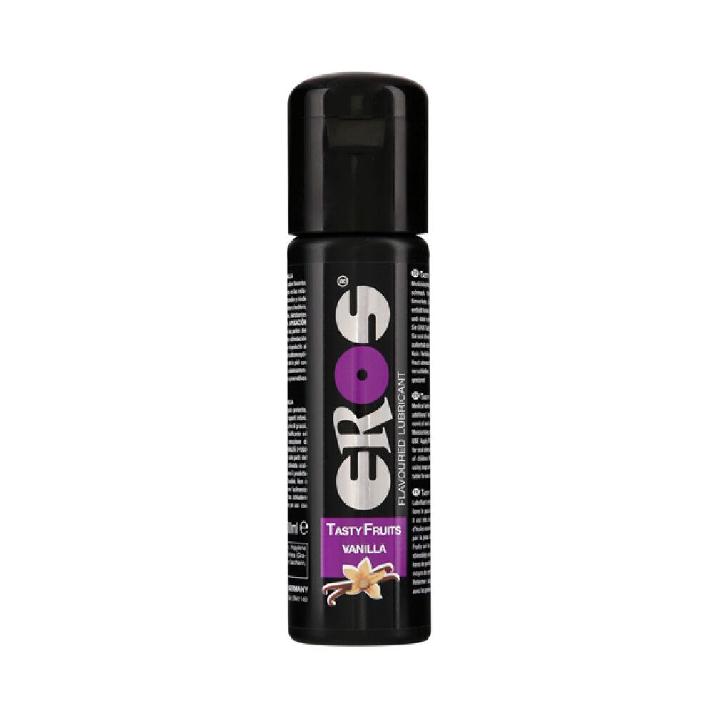 Flacon noir avec bouchon rabattable. Inscription EROS, Tasty Fruits Vanilla. Illustration d'une gousse de vanille.