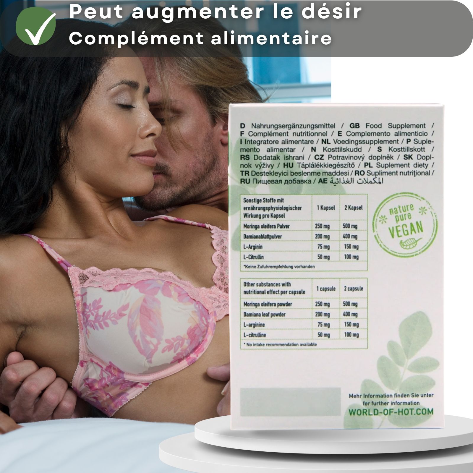 Un couple s'embrasse, à côté du dos de la boîte avec des informations sur Moringa Libido Power. Texte en plusieurs langues.
