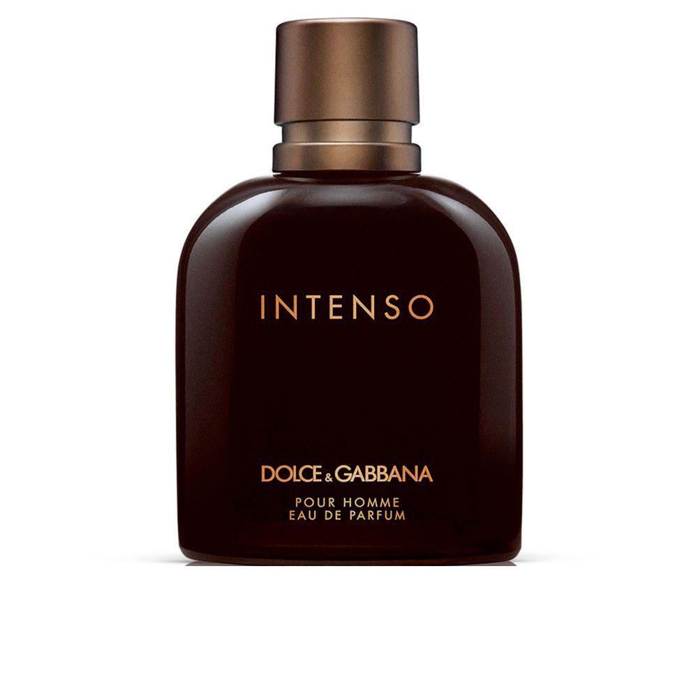 Donkerbruine fles met gouden dop. Opschrift INTENSO, DOLCE & GABBANA, Pour Homme. EdP.