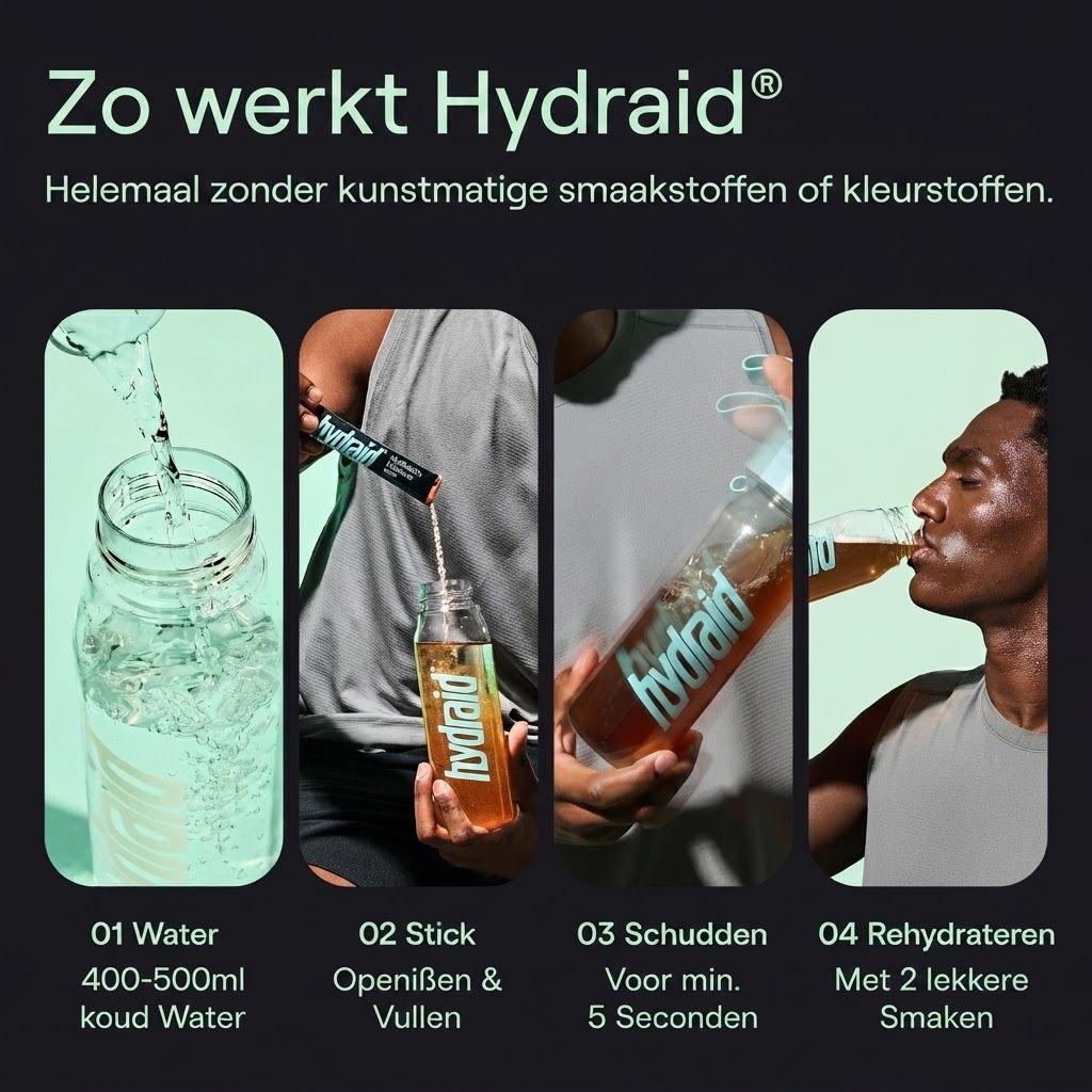 Instructies voor het bereiden van Hydraid: water, stick openen, schudden, drinken.