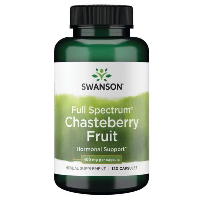Flacon vert avec étiquette blanche. Inscription: SWANSON, Chasteberry Fruit, 400 mg par capsule, 120 capsules.