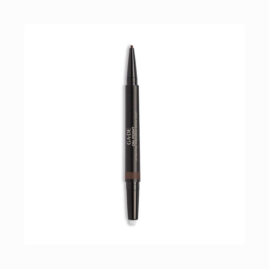 Crayon double. Mine marron foncé et brosse. Inscription : G.DE ON POINT ULTRA FINE BROW DUET.