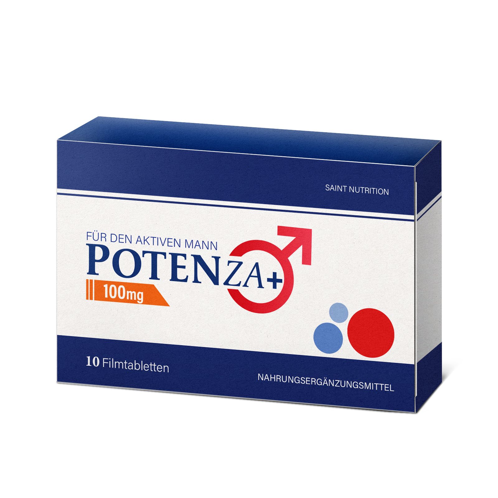 Emballage du produit. Inscription: Potenza+, 100mg, 10 comprimés pelliculés. Pour l'homme actif. Complément alimentaire. Saint Nutrition.