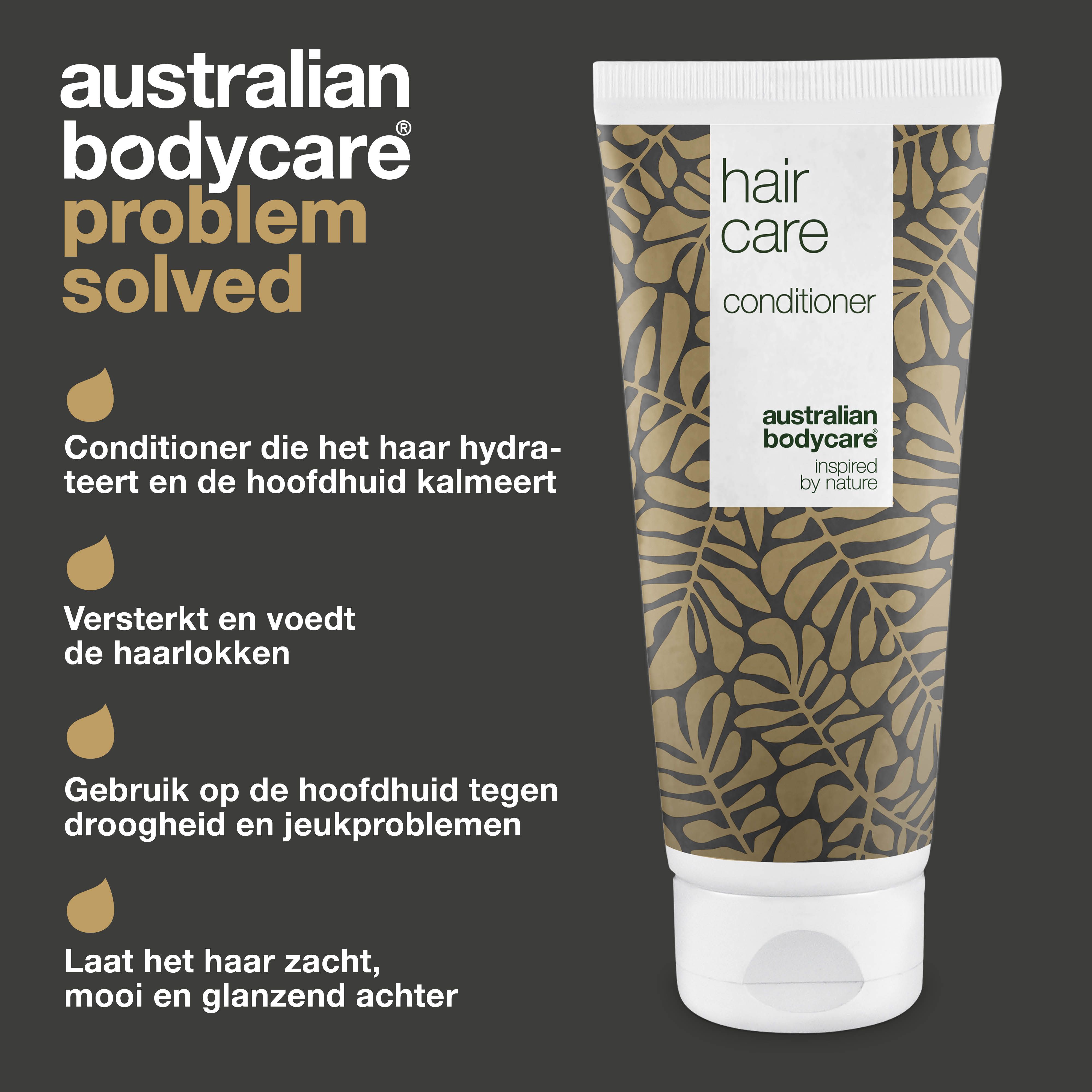 Productconcept. Tube haarconditioner. Opschrift: Hair Care, Conditioner, Australian Bodycare. Tekst: Conditioner die het haar hydrateert.
