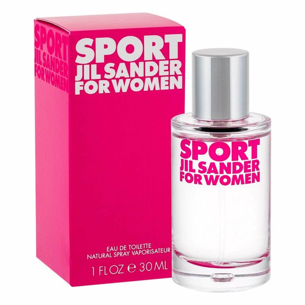 Emballage rose et flacon en verre. Inscription SPORT JIL SANDER FOR WOMEN. Flacon avec bouchon argenté. Texte: Eau de Toilette.