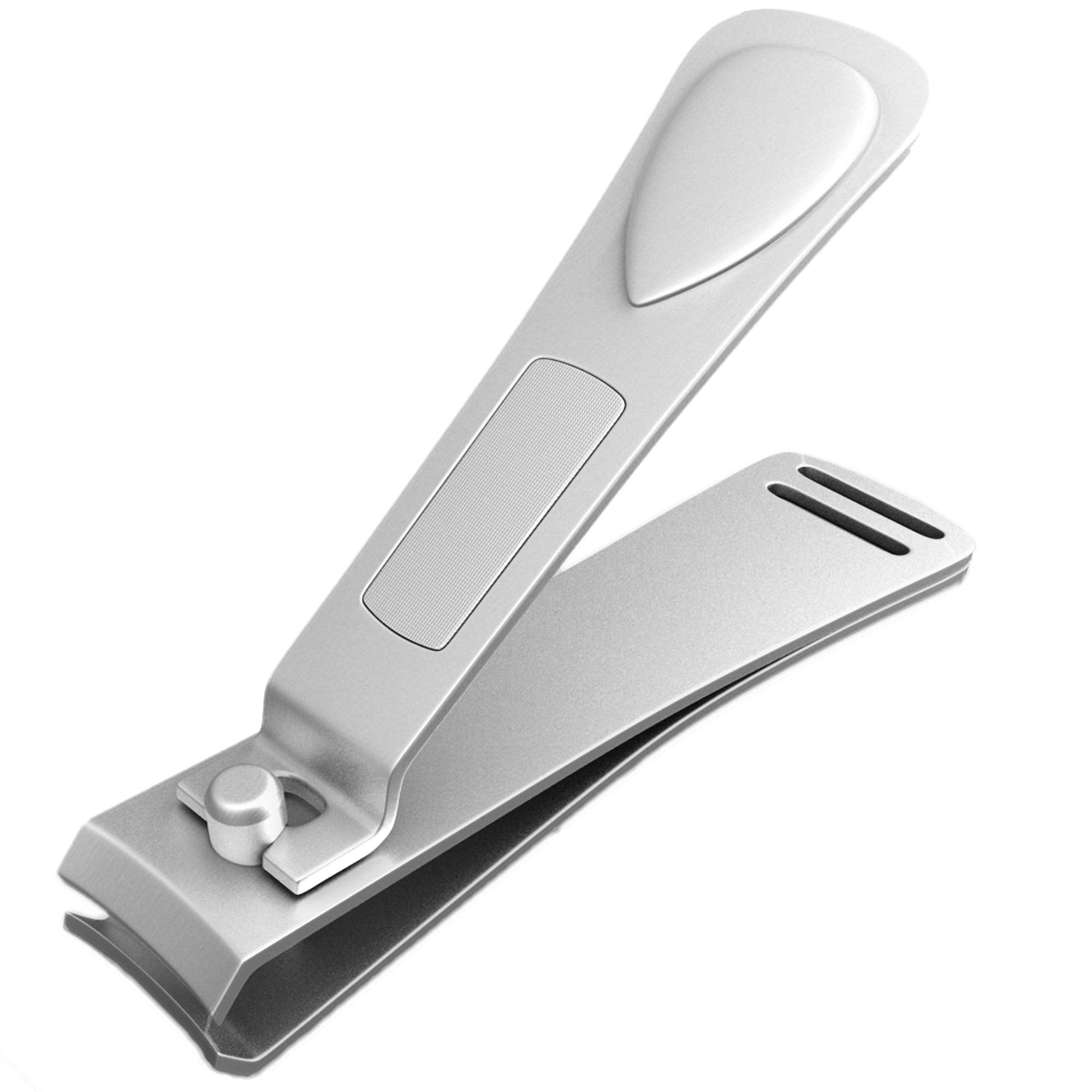 Roestvrijstalen nagelknipper. Zilverkleurig, met hendel en snijkant. Op witte achtergrond.