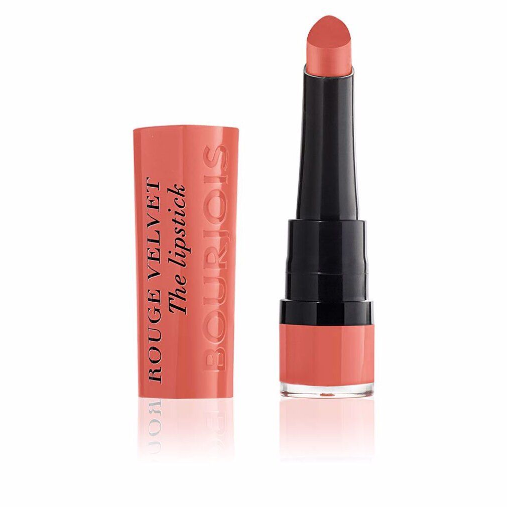 Rouge à lèvres avec capuchon ouvert. Teinte rose orangé. Stylo noir. Inscription : Bourjois Rouge Velvet The lipstick.