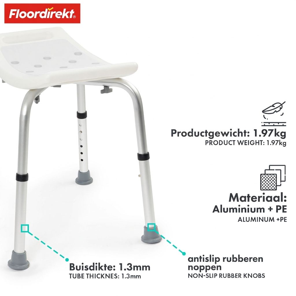 Douchekruk met witte zitting, zilveren poten, grijze voetjes. Materiaal: Aluminium + PE. Merk: Floordirekt.