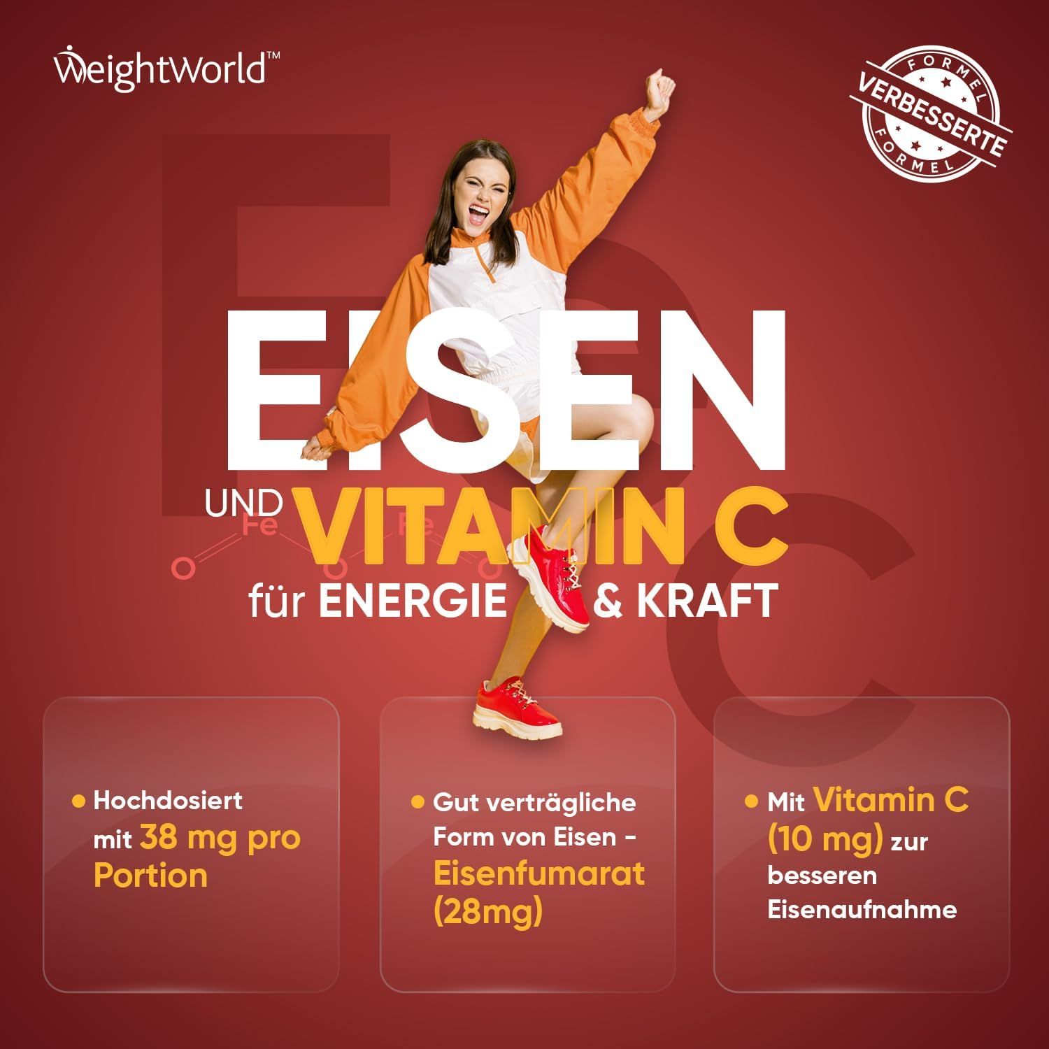 WeightWorld IJzer & Vitamine C voor energie & kracht. Bevat informatie over dosering en ingrediënten.