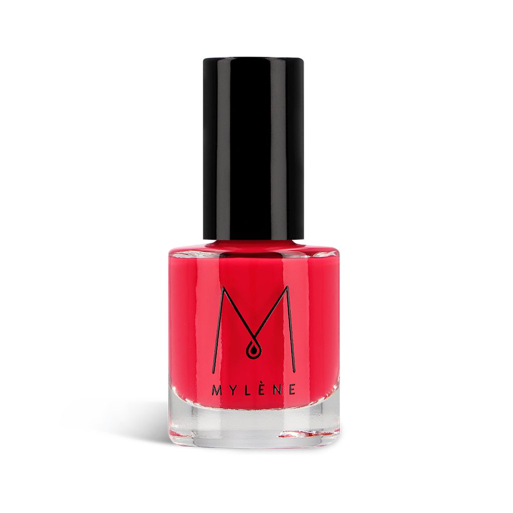 Flacon de vernis à ongles rouge avec bouchon noir. Marque Mylène.
