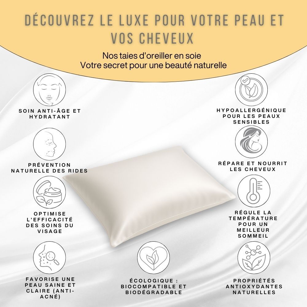 Oreiller avec texte et graphiques. Texte : « Qualité de soie certifiée d'exception ». Taie d'oreiller en soie.