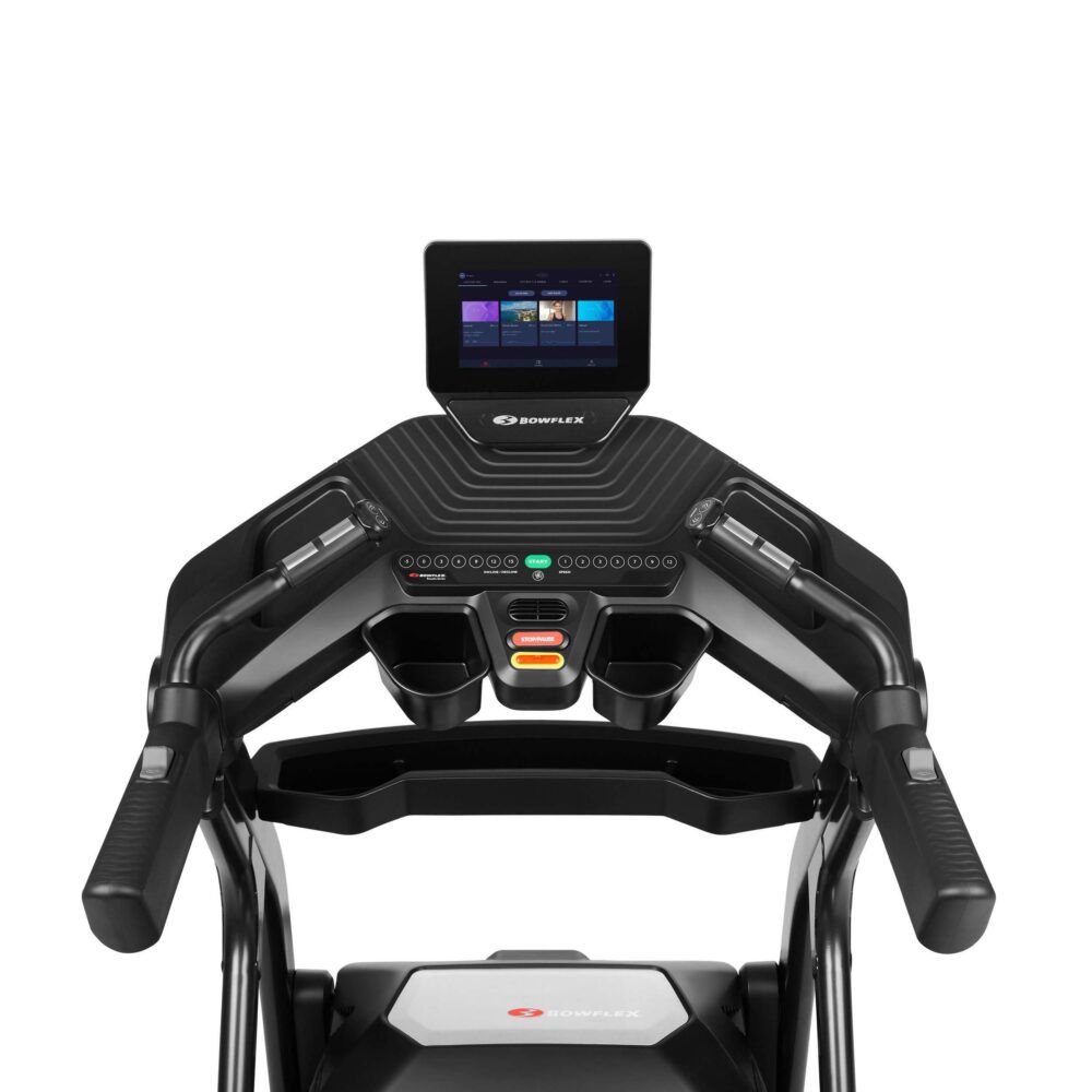 Console du tapis roulant T25. Design noir. Écran. Poignées. Logo Bowflex.