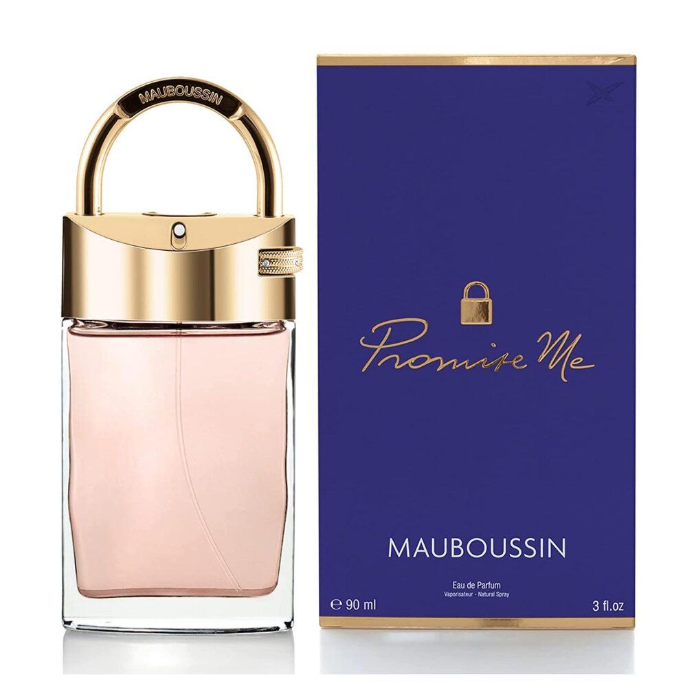 Fles en verpakking. Fles met gouden sluiting. Opschrift: Promise Me, Mauboussin. Blauwe verpakking.