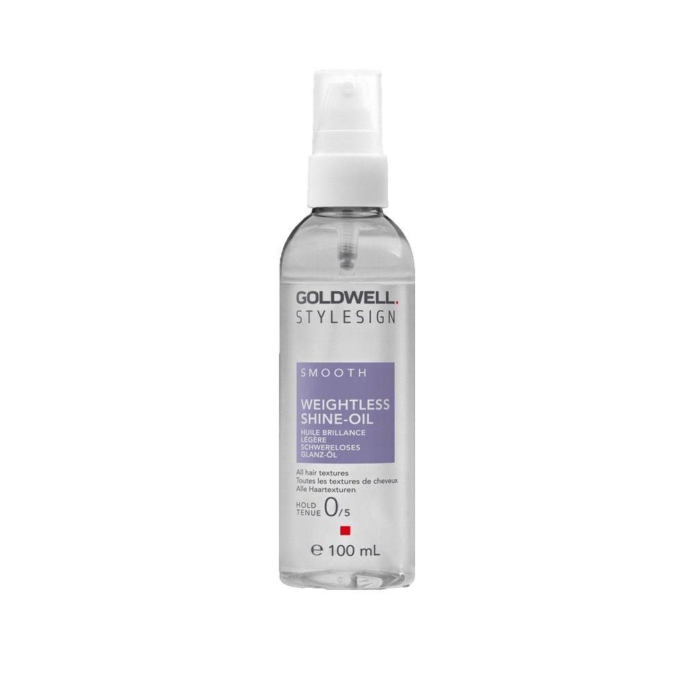 Goldwell StyleSign Smooth Weightless Shine-Öl. Transparante fles met spraykop. Paars etiket.