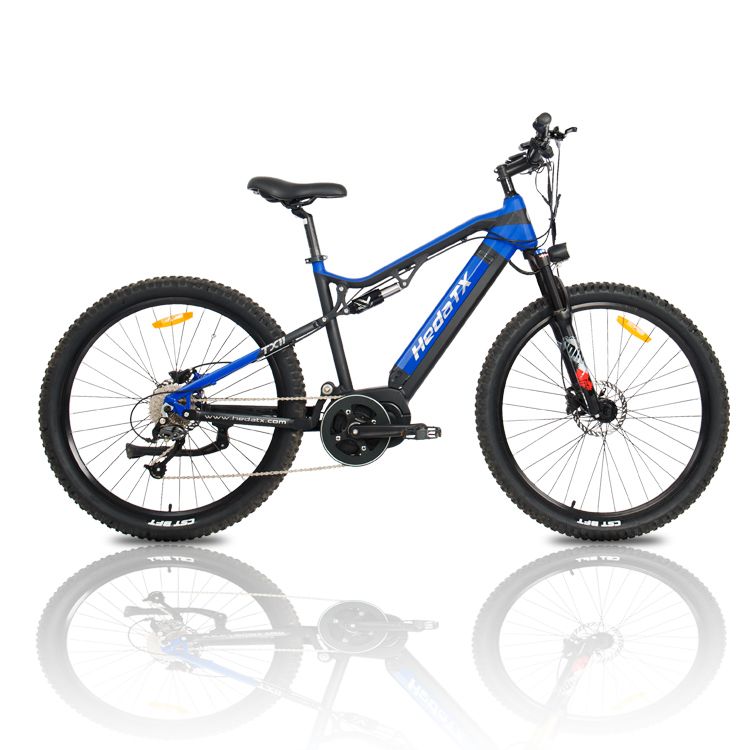 VTT électrique HedaTX TX11 noir et bleu. Moteur central, batterie 48V 15Ah. Vue latérale, sur fond blanc.