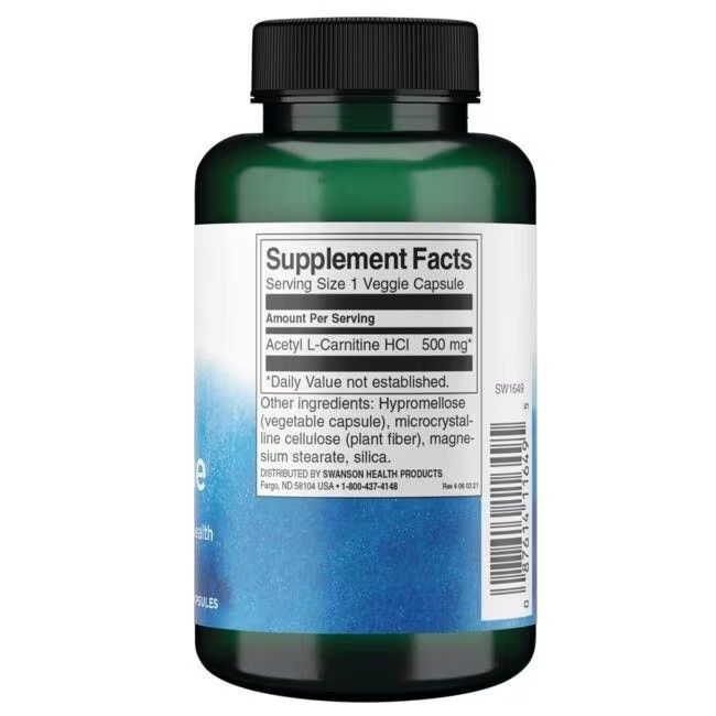 Dos du flacon vert avec étiquette blanche. Contient les informations nutritionnelles et la liste des ingrédients: Acetyl L-Carnitine HCl 500 mg.