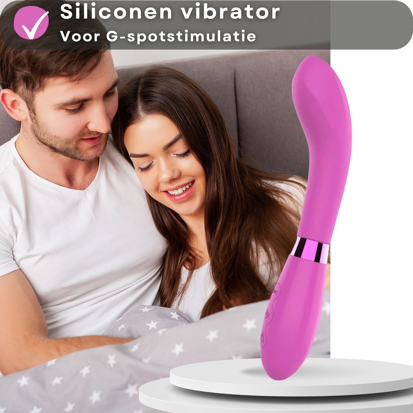 Vibrateur rose. Couple au lit. Texte: silicone, stimulation du point G.