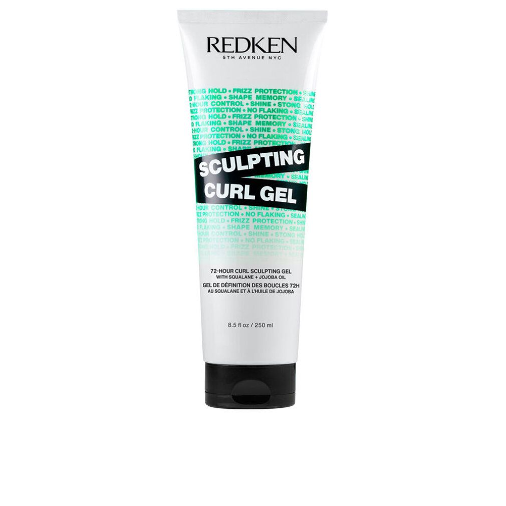 Witte en groene tube met zwarte dop. Opschrift: Redken, Sculpting Curl Gel. Tekst in het Engels en Frans. 8.5 fl oz / 250 ml.