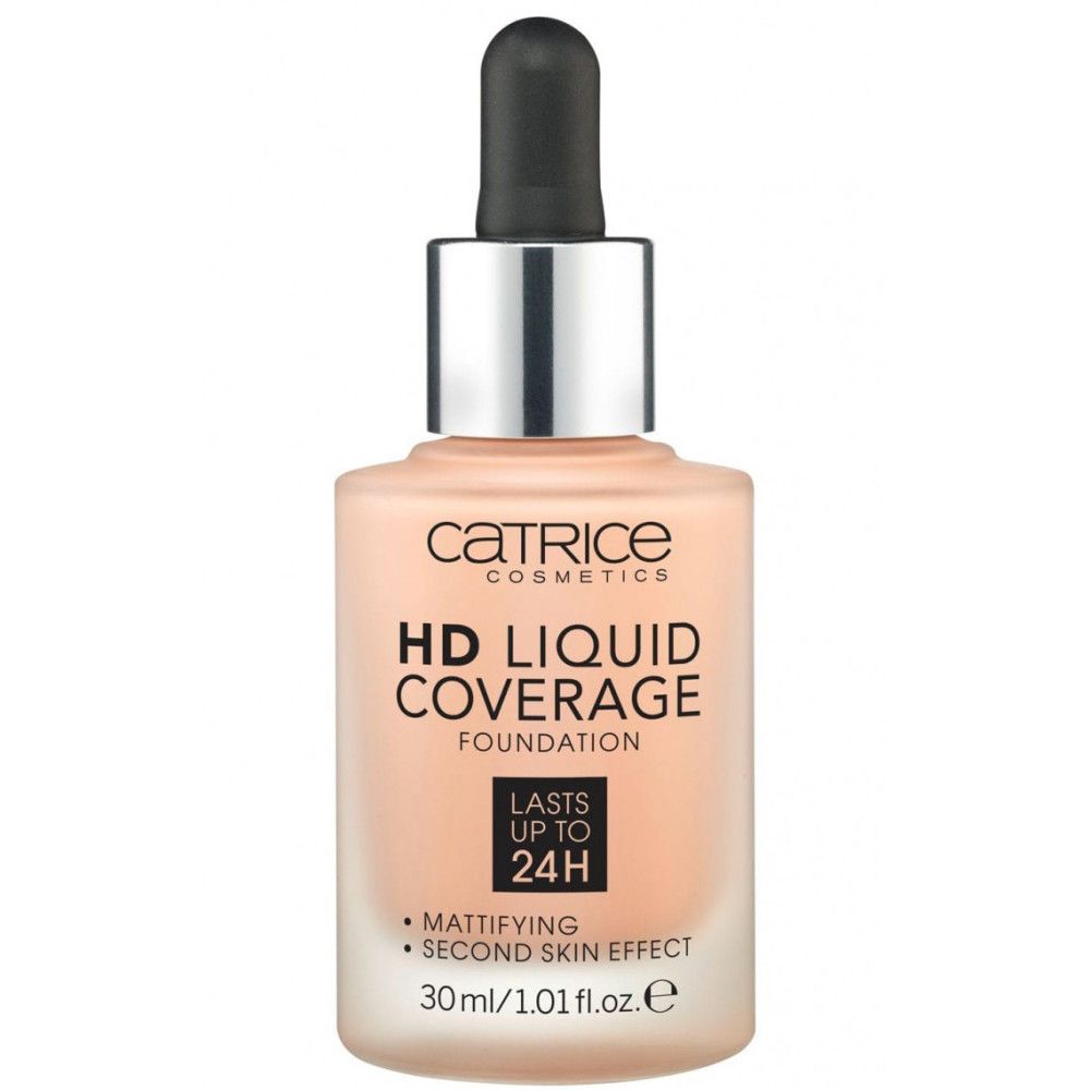 Fond de teint liquide HD. Marque Catrice. Flacon avec compte-gouttes. Texte: HD Liquid Coverage, matifiant, tenue 24h.