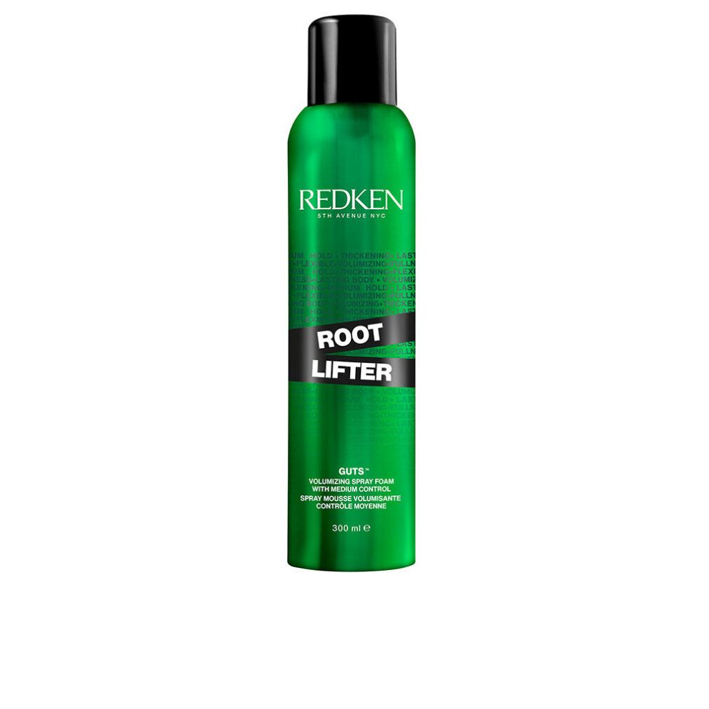 Flacon spray vert avec bouchon noir. Texte: REDKEN, ROOT LIFTER, GUTS. Mousse volumisante. 300 ml.