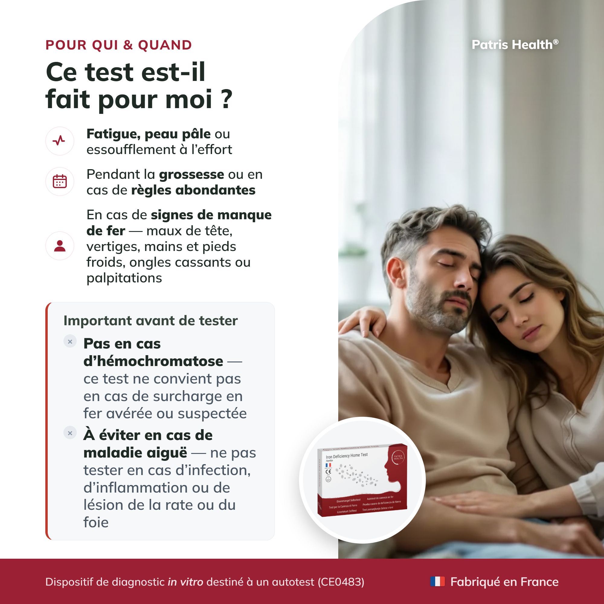 Important avant le test : Ne pas utiliser en cas d'hémochromatose ou de maladie aiguë.