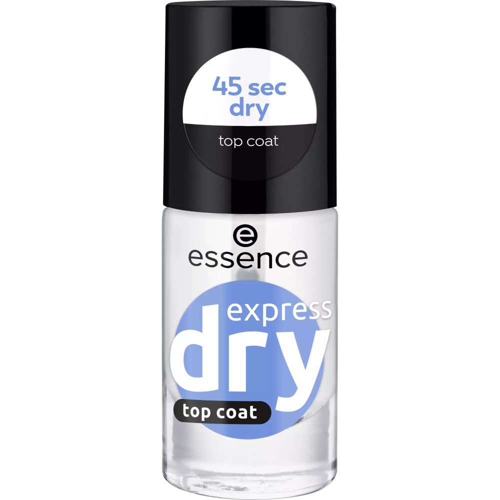 Transparante nagellakfles met zwarte dop. 'essence express dry top coat' staat erop.