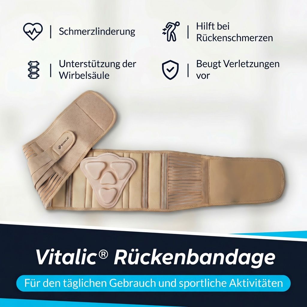 Beige rugband, plat. Tekst: VITALIC. Voor dagelijks gebruik en sportieve activiteiten.