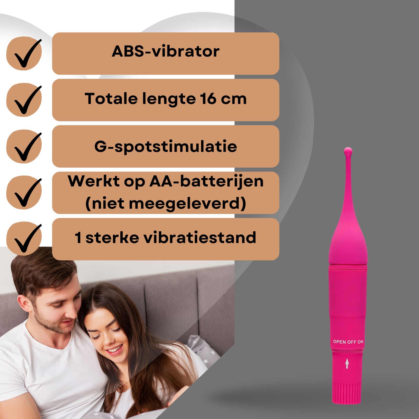 Roze vibrator naast een paar. Tekst: Vibrator van ABS, G-puntsstimulatie.