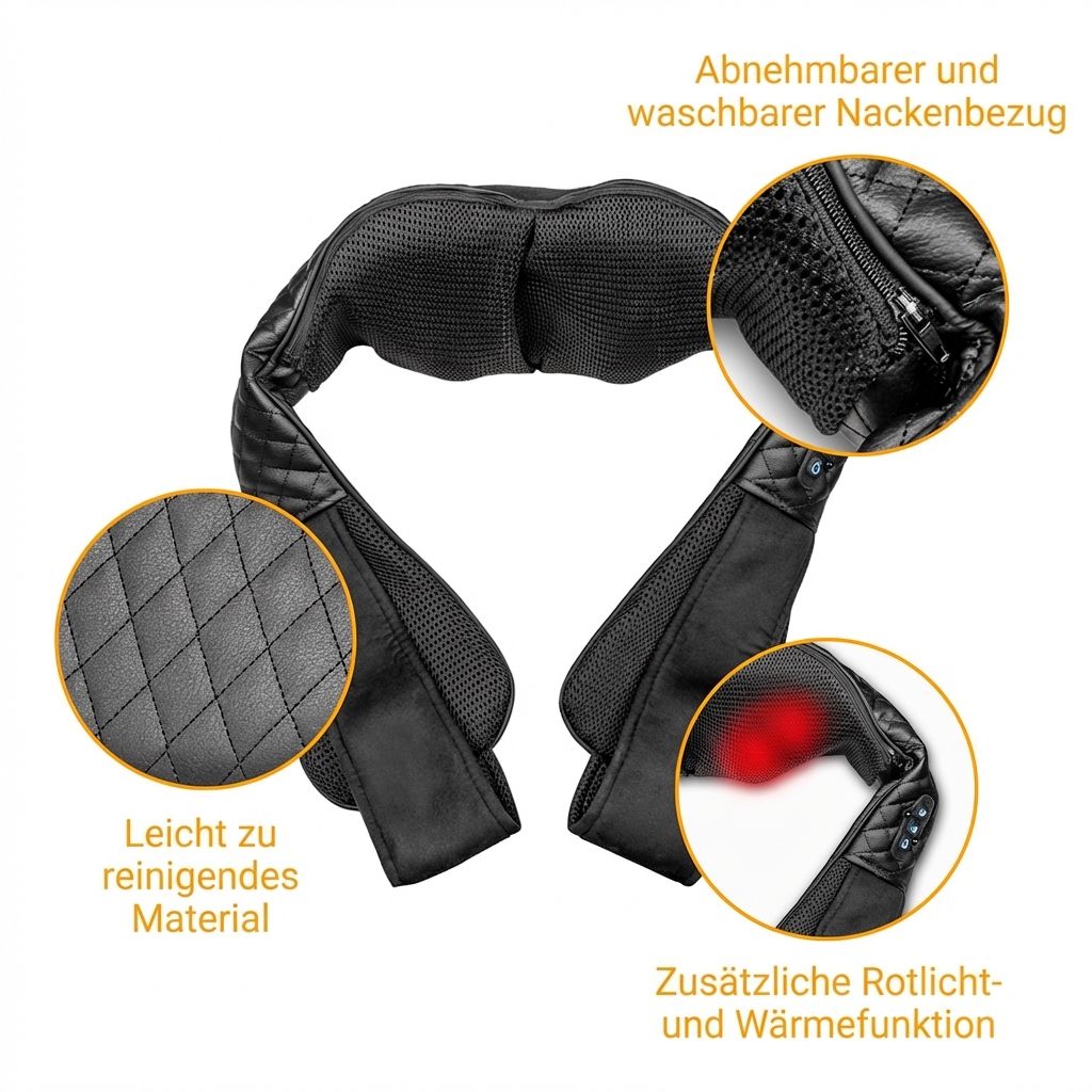 Zwarte nekmassager met afneembare hoes en verwarmingsfunctie.