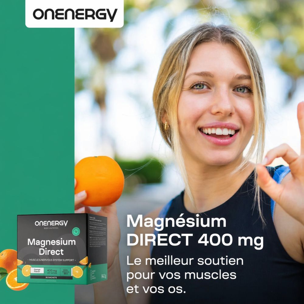 Magnésium DIRECT 400 mg. 30 sachets. Boîte avec produit et oranges. Femme en arrière-plan.
