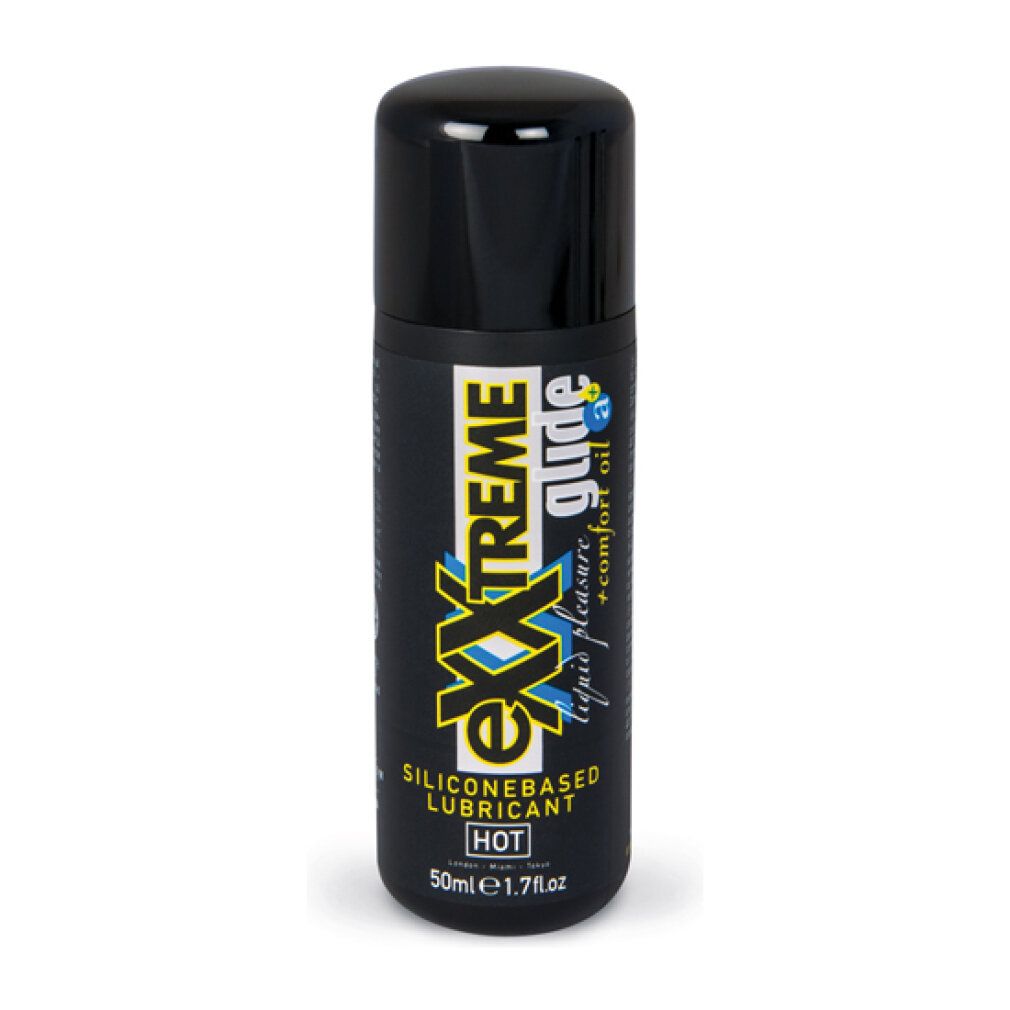 Zwarte fles met glijmiddel op siliconenbasis. Etiket met gele en blauwe tekst 'EXTREME glide'.