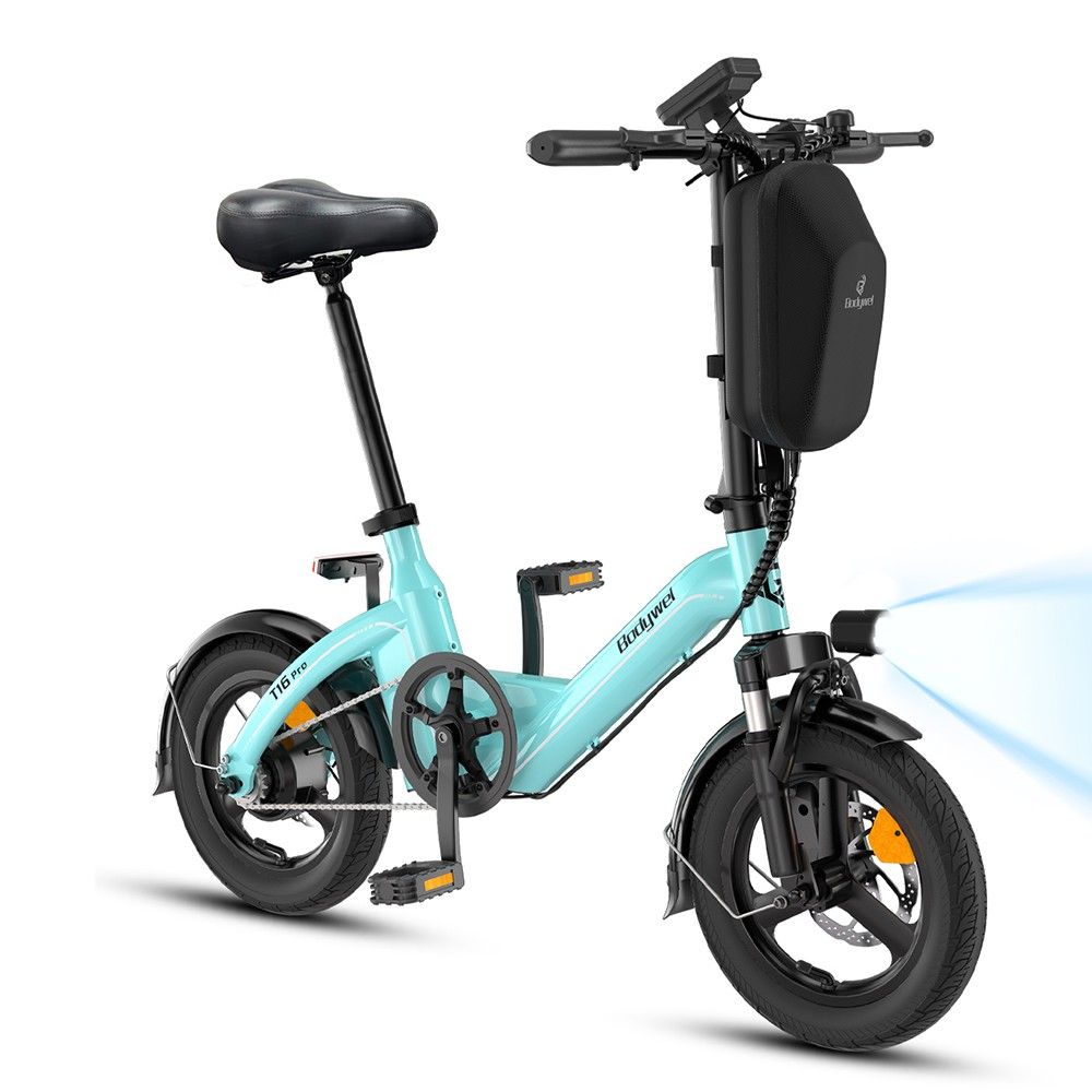Vélo pliant bleu clair avec selle noire, porte-bagages et phare. Inscriptions "T16 Pro" et "Bodywel".