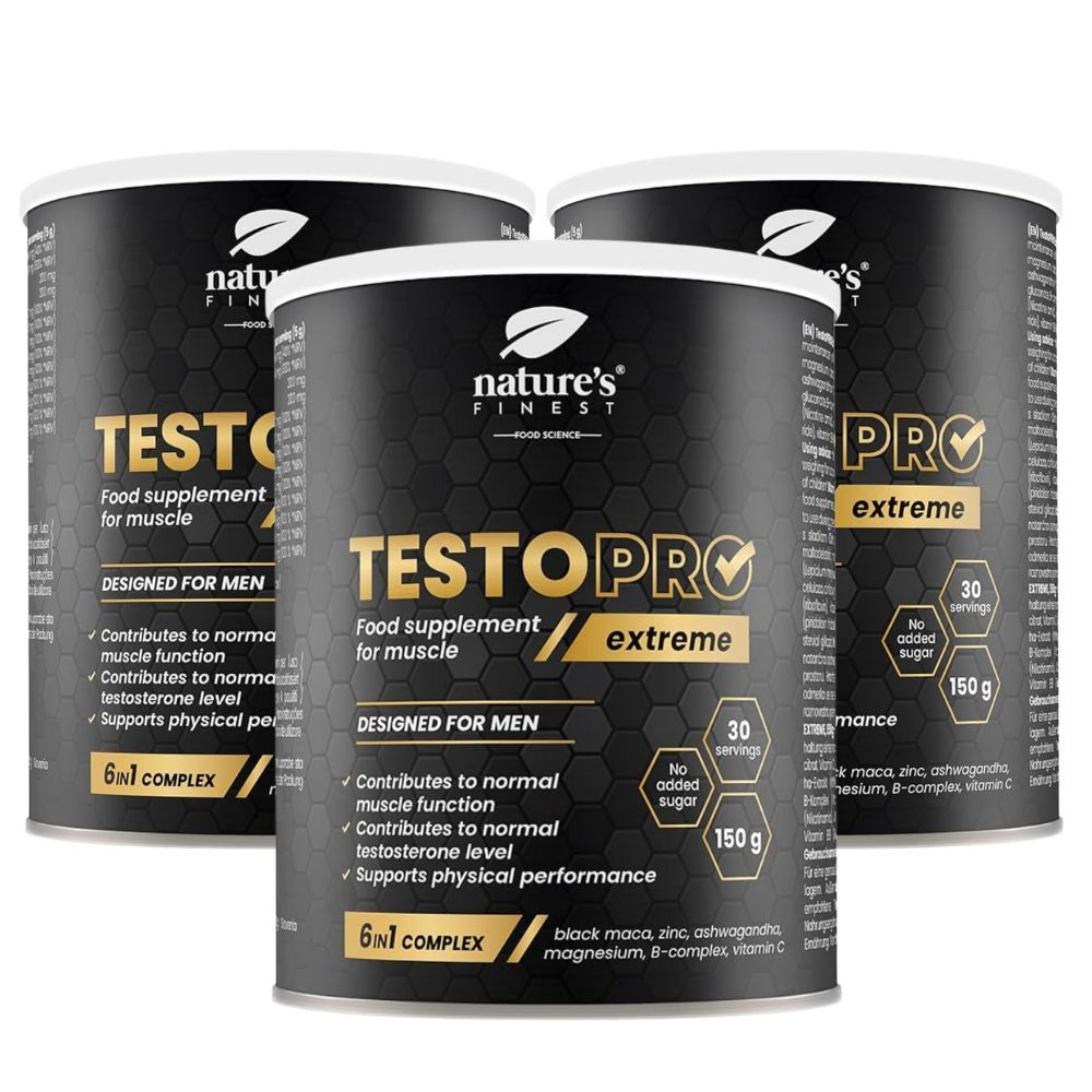 Trois boîtes de TestoPRO Extreme. Boîtes noires avec couvercles blancs et accents jaunes. Inscription : TestoPRO Extreme, complexe 6 en 1.