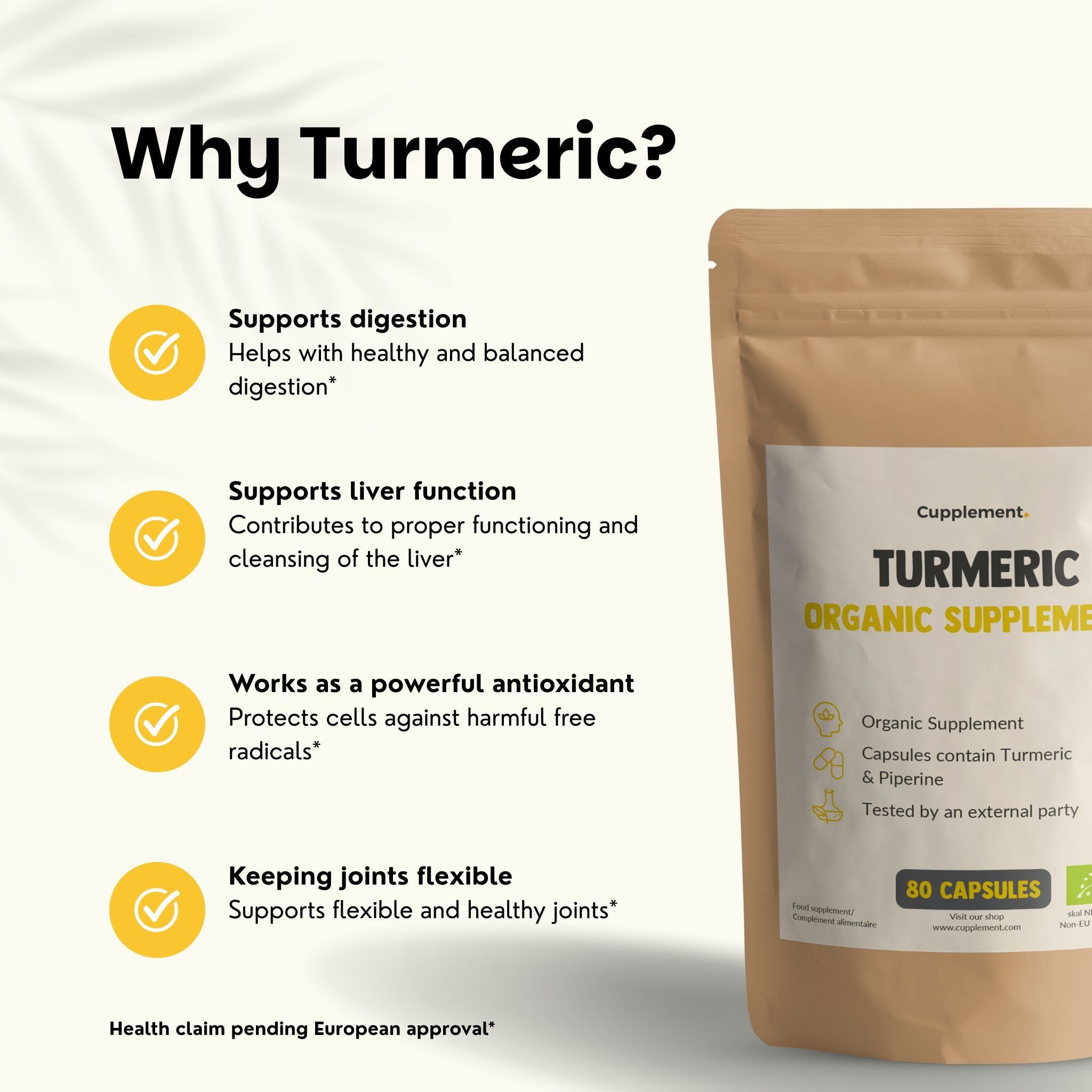 Cupplement Turmeric, 80 gélules. Sachet marron avec étiquette blanche. Texte: Soutient la digestion, la fonction hépatique, antioxydant.