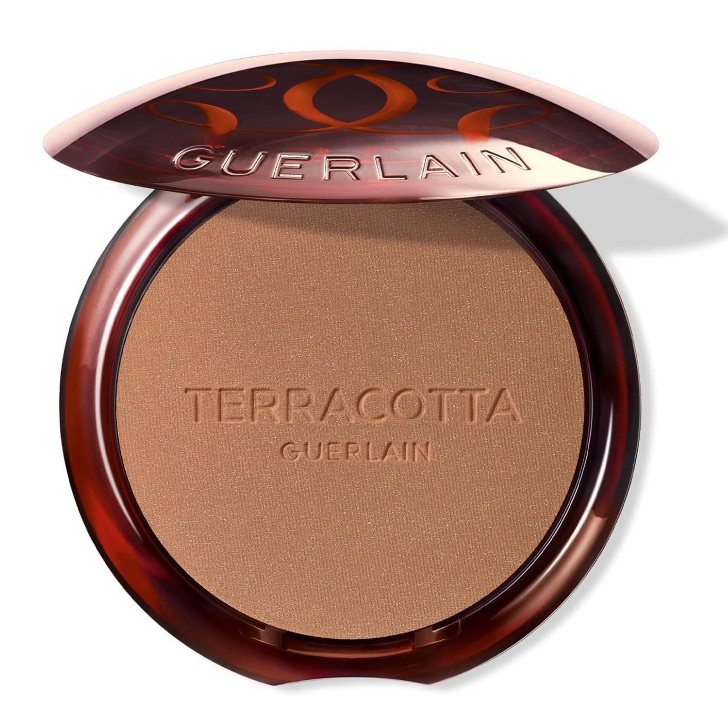 Poudre bronzante compacte ronde. Boîtier ouvert avec inscription "TERRACOTTA" et "GUERLAIN". Couvercle avec logo.